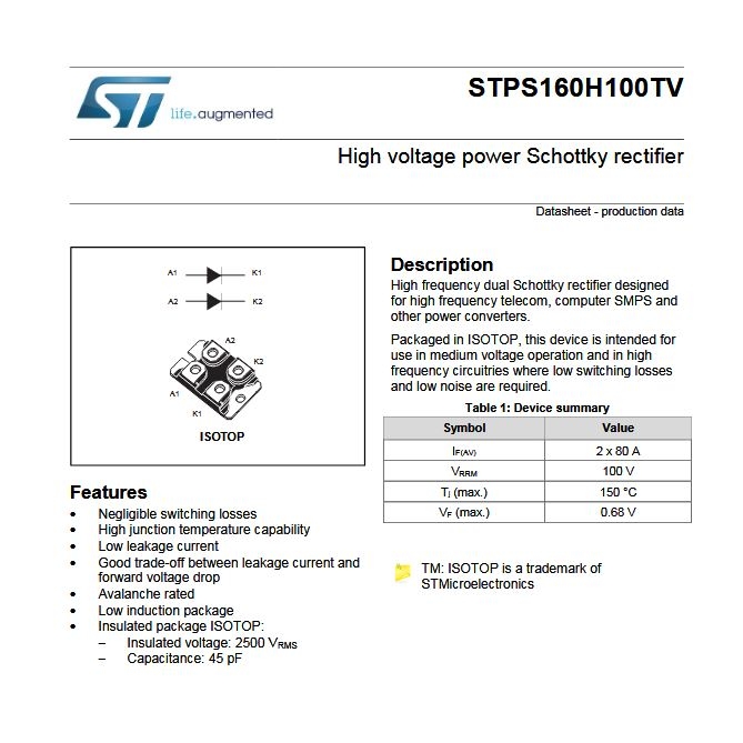 STPS160H100V   Diode Schottky 100V 160A   SOT227 2X80A