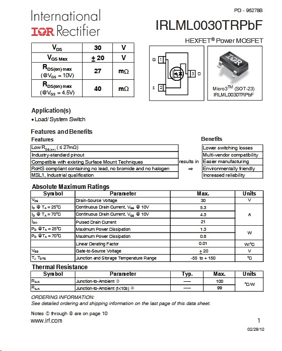 IRLML0030TRPBF  MOSFET N-CH 30V 5.3A SOT23 IR IR 
