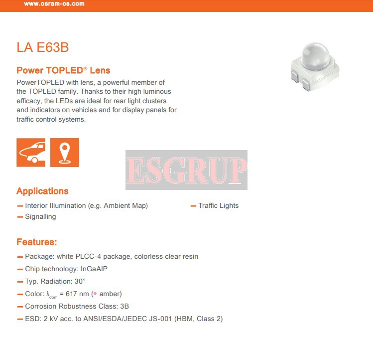 LA E63B-34-1-Z SMD LED  AMBER POWER TOPLED LENS  OSRAM