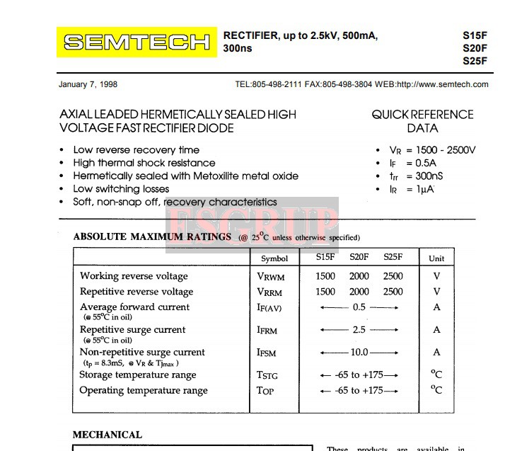 S20F DIODE GEN PURP 2.KV 500MA DİYOT AXIAL