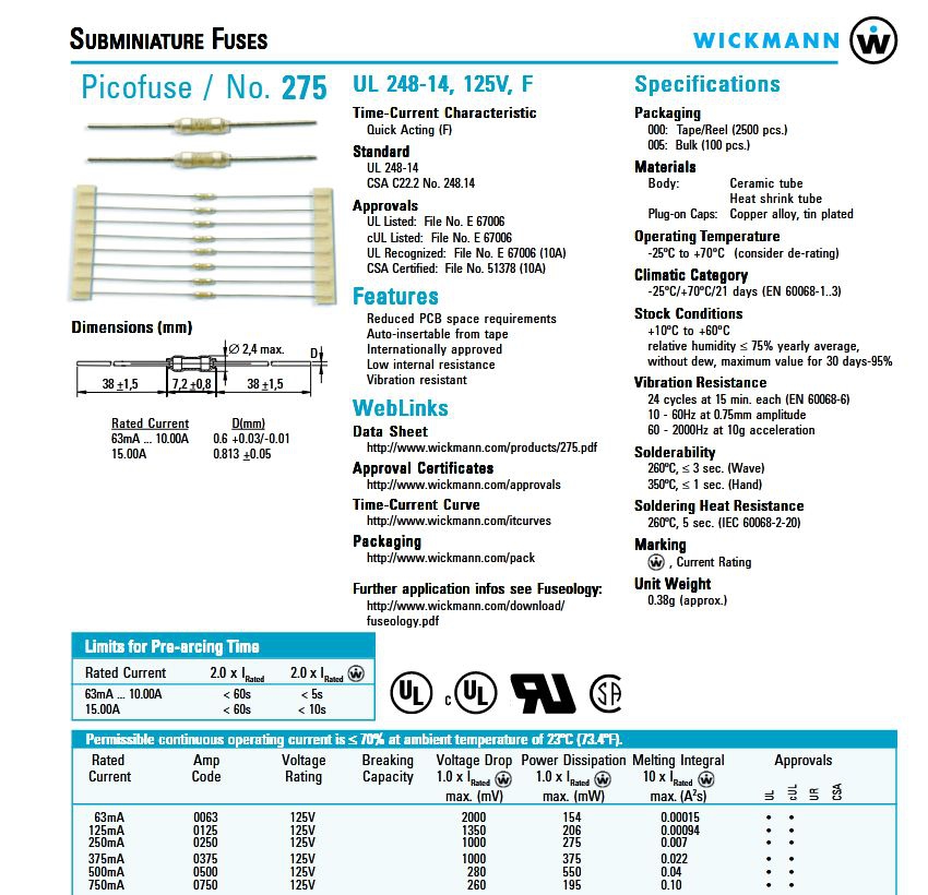 F750mA 125VAC DİRENÇ TİPİ SİGORTA UL248 E67006 19275 VICKMANN